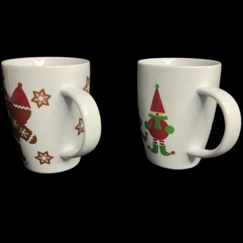 2 Crate & Barrel Skating Gingerbread Boy + Jingle Elves Christmas Mugs in EUC